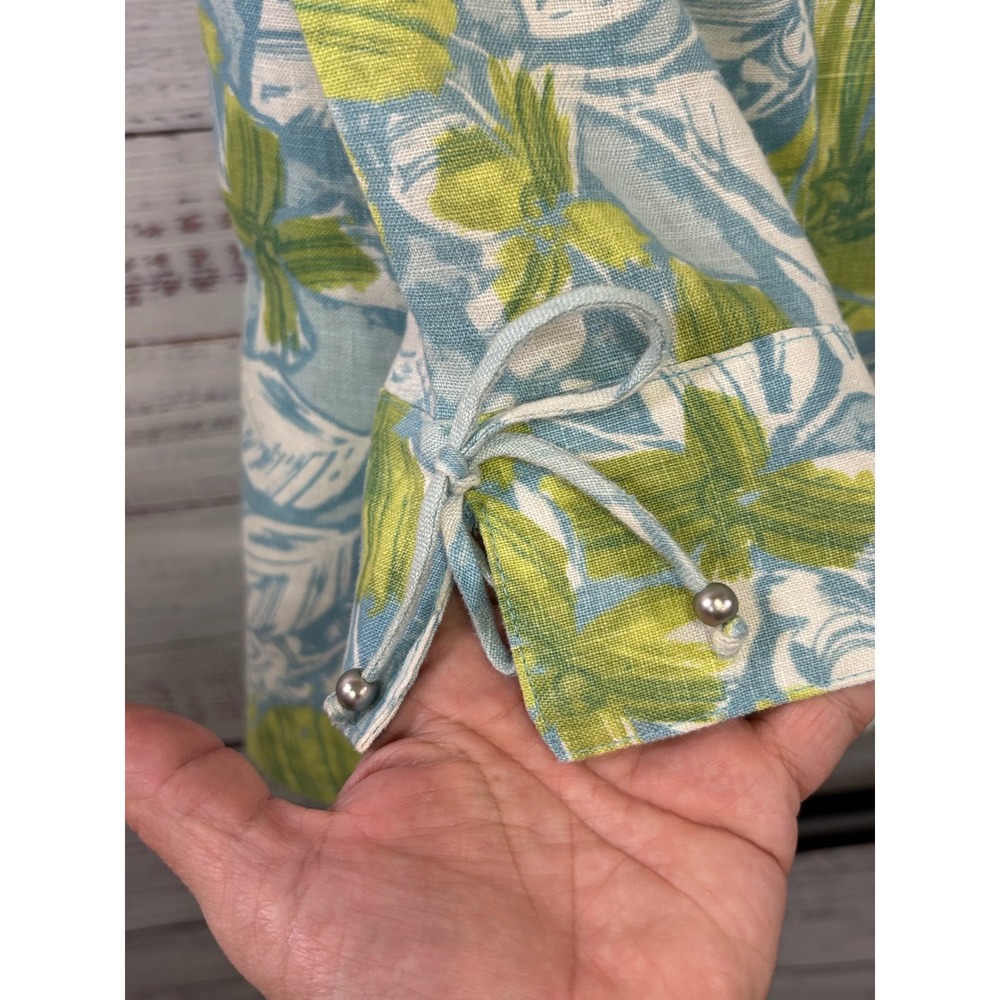 JM Collection 100% Linen Button Down Floral Blue Green 3/4 Sleeve Tie Cuff - Picture 2 of 10